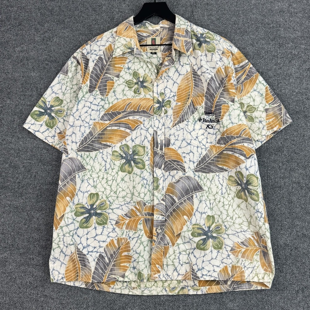 Tori Richard Button Up Shirt Mens XL Cream Reversible Print Floral Short Sleeve